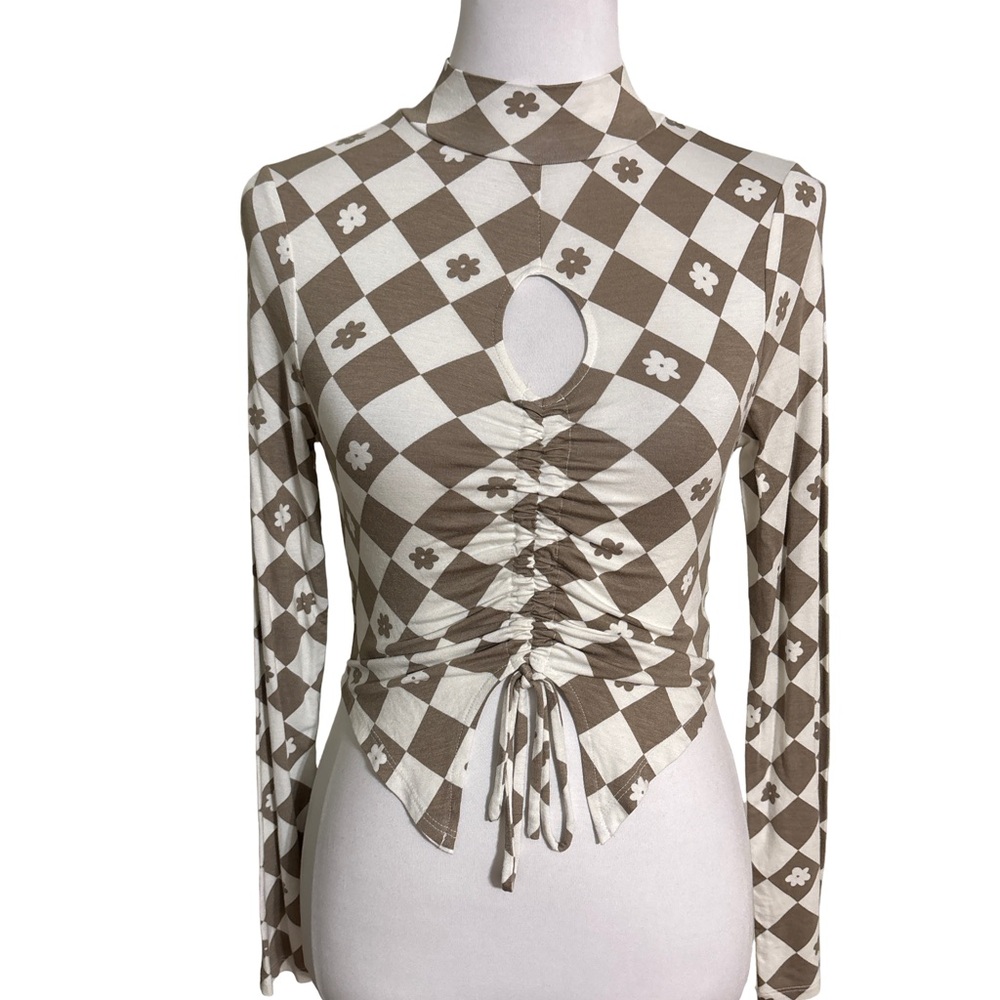 PacSun Brown Cream Checkered Blouse